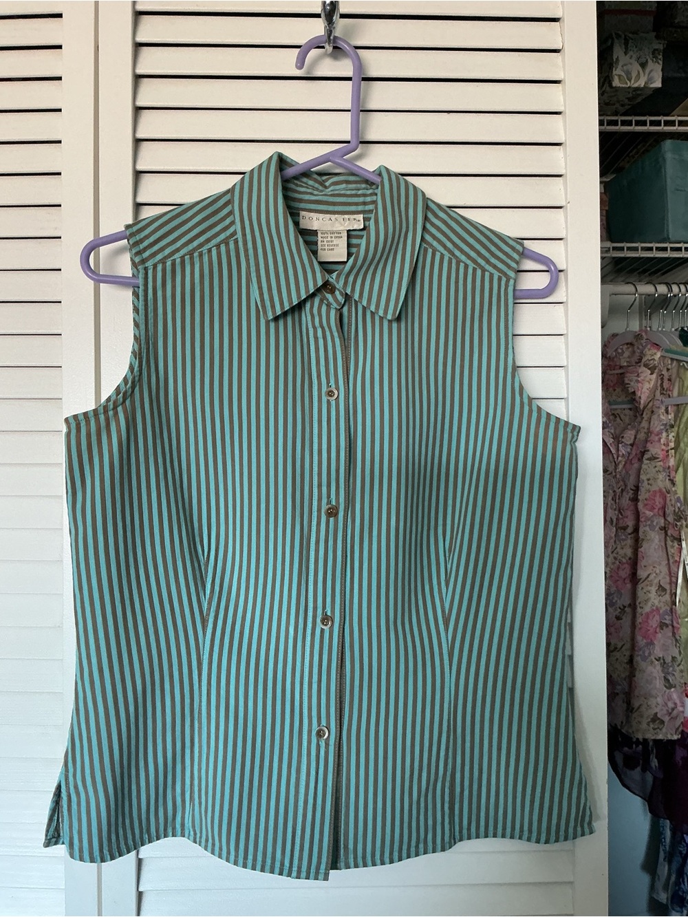 Doncaster Sleeveless Striped Button-Front Top in Teal and Brown
